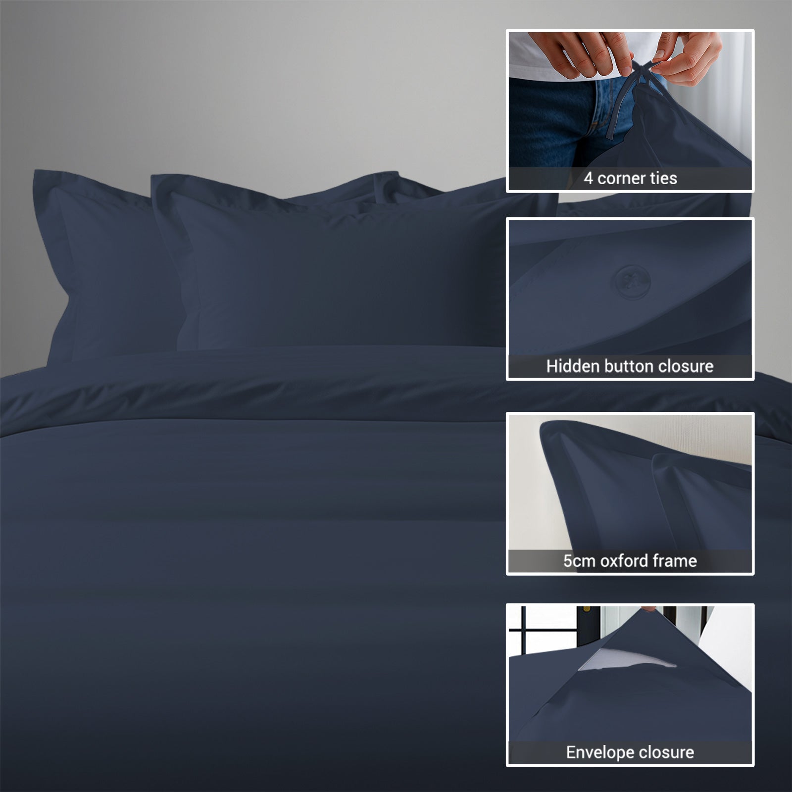 Pizuna Linens super king size cotton duvet cover with hidden button closure corner ties and Oxford pillowcases